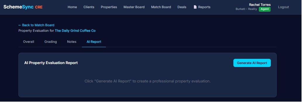 AI Property Evaluation Report panel in SchemeSync CRE with a Generate AI Report button, ready to produce a client-facing written evaluation for the selected property.