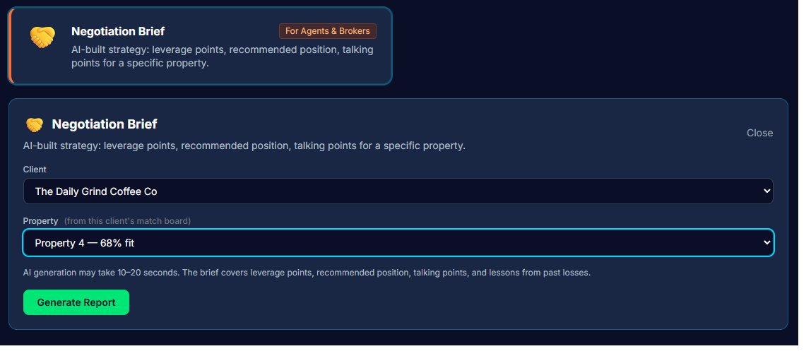 Negotiation Brief generator in SchemeSync CRE, tagged for agents and brokers, with client and property selectors and a note that the brief covers leverage points, recommended position, talking points and lessons from past losses.