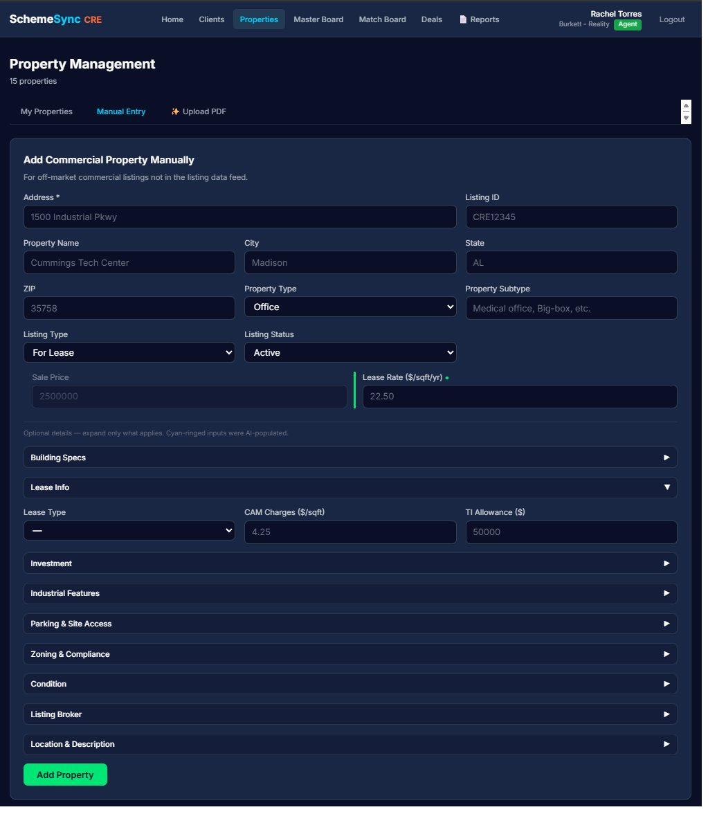 Property Management screen in SchemeSync CRE with My Properties, Manual Entry and Upload PDF tabs, showing the commercial property form with address, listing, lease and pricing fields plus collapsible sections for building specs, investment, parking, zoning and condition.